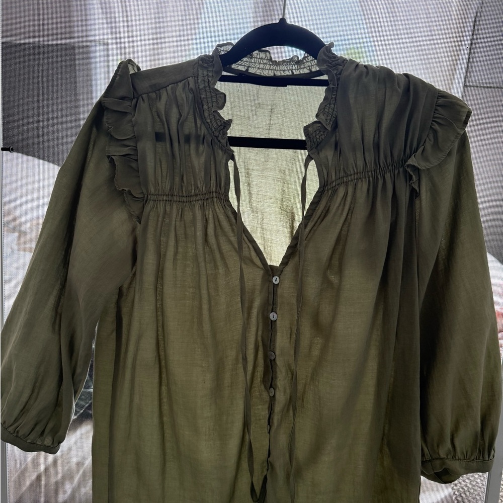 Zara Green Ruffled 3/4 Sleeve Blouse